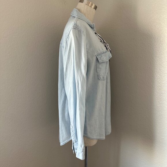 Rails Matea Lace Up V Neck Shirt Spread Collar Linen Blend Vintage Blue Sz M - Picture 4 of 12
